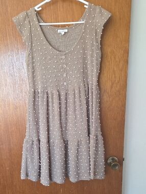 Blu Pepper Tan Knit Sleeveless Dress with White Dot Detail